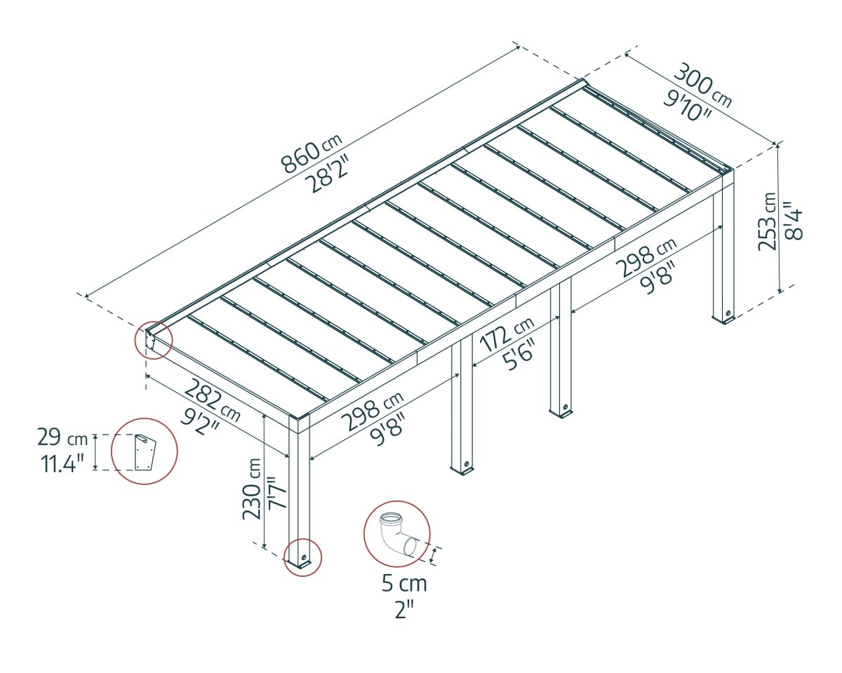 Pergola in legno di cedro e policarbonato Helsinki 300 cm x 860 cm Tortora - Canopia by Palram - Idea giardino