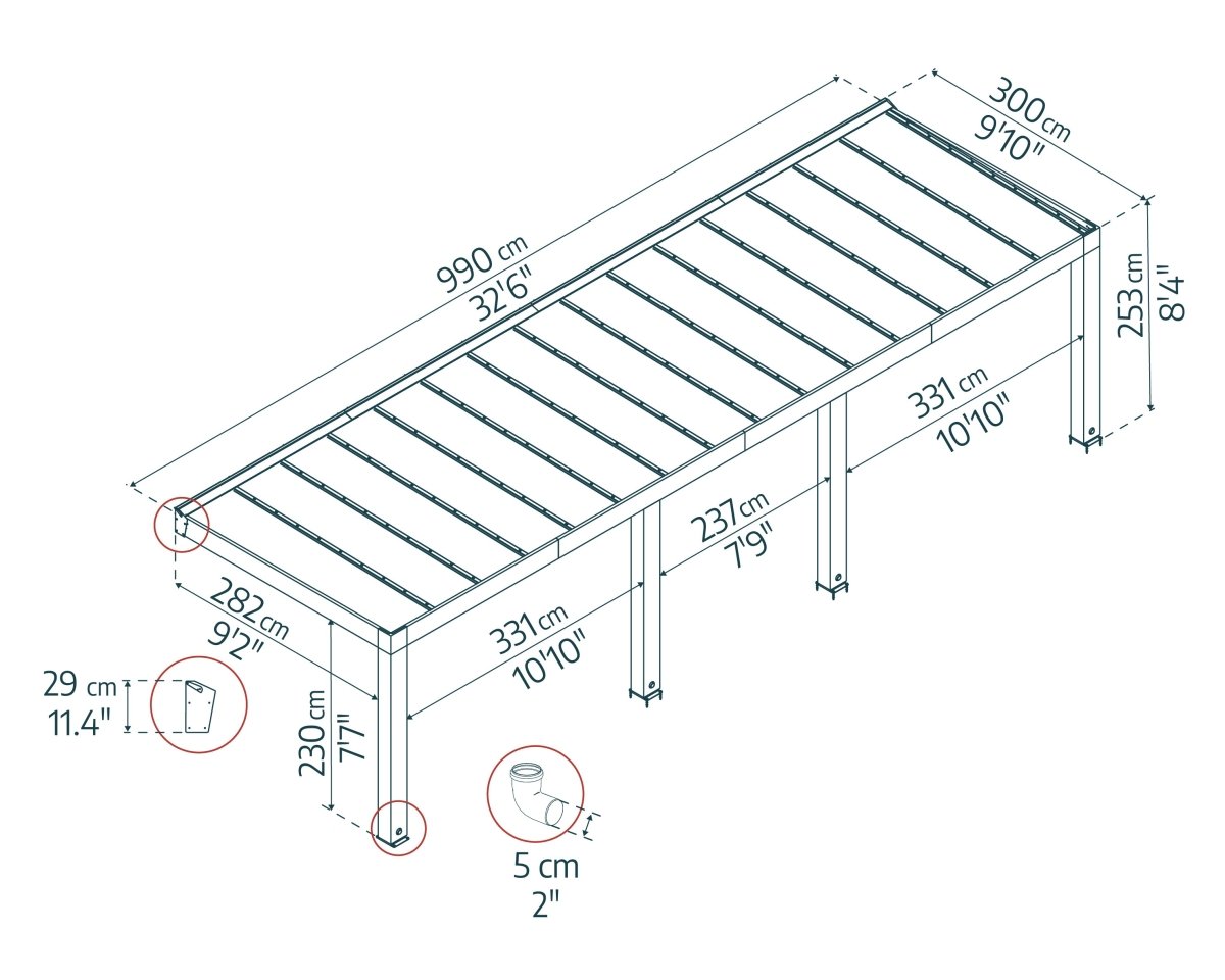 Pergola in legno di cedro e policarbonato Helsinki 300 cm x 990 cm Tortora - Canopia by Palram - Idea giardino